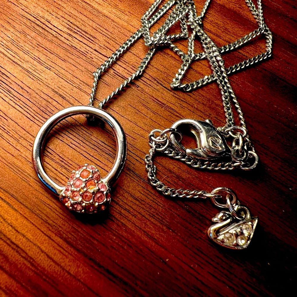 Pink Heart Signed Swarovski Crystal Pendant on 15.5-17" Silver Metal Curb Chain